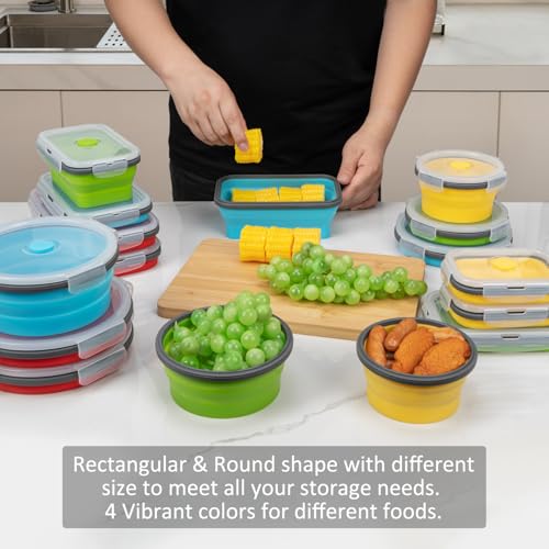 Collapsible Food Storage Containers with Lid & Air Vent, 16 Pack, 8 Rectangular + 8 Round, Annaklin Foldable Silicone Lunc...