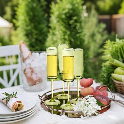 6 Pieces Green Champagne Flutes 6 OZ Straight Sided Wine Glasses Champagne Long Stem Drinking Colored Glasses,Set of 6 Han...
