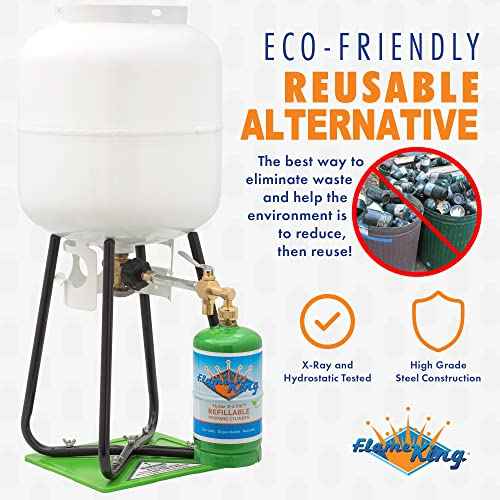Flame King Refillable 1LB Empty Propane Cylinder Tank - with Refill Kit and CGA600 Connection - Reusable - Safe and Legal Refill Option - DOT Compliant - 16.4 oz, Green