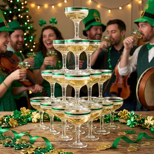 Zopeal 30 Pcs St. Patrick's Day Plastic Martini Glasses Bulk 5 oz Green Margarita Cocktail Champagne Tower Coupe Glasses D...