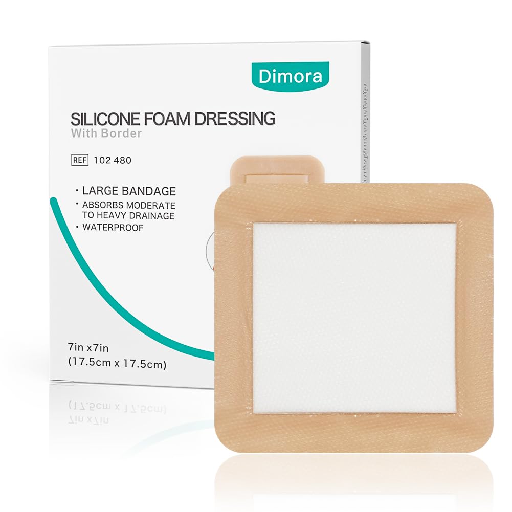 Dimora Large Bandage Ultra Soft Wound Dressing - Bordered Silicone Adhesive Foam Dressing 7"x7" (5"x5"pad) for Bed Sores,Burn Treatment,Large Surgical Wound,Diabetic Ulcers,5 Pack