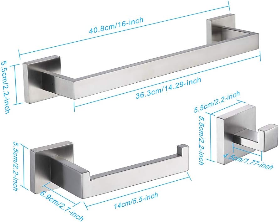 TASTOS 3-Piece Bathroom Hardware Set Brushed Nickel Wall Mounted Bathroom Accessory Set, Premium Stainless Steel Robe Hook Toilet Paper Holder 16-Inch Towel Bar (Silver)
