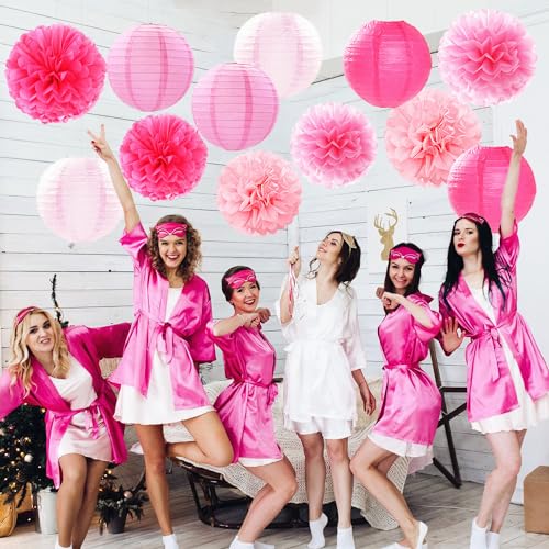 Light-Hot Pink Party-Decorations Paper-Flowers Lanterns - 15pcs Graduation Girl Birthday Decor Tissue Pom Poms Streamers, ...