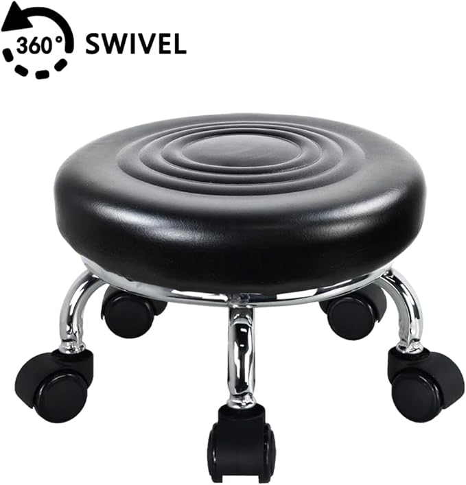WKWKER Modern Roller Seat PU Leather Foot Stool Low Round Rolling Stool 360° Step Stool Swivel Small Seat with Universal Wheels for Home Office Garage Shop Fitness Sport H：8.4" （Black）