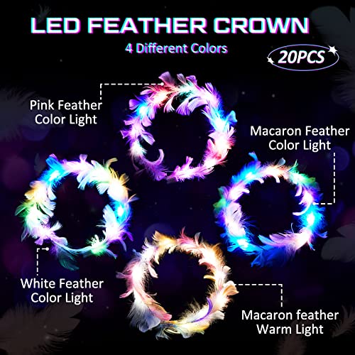 Taiyin 20 Pieces LED Feather Crown Headband Light up Angel Wreath Headband Flower Crowns for Women Wedding Halloween Birth...