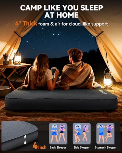 Hikenture 4" Thick Self Inflating Sleeping Pad, Foam & Air Camping Mattress, 9.5 R-Value Insulated Sleeping Mat, Portable ...