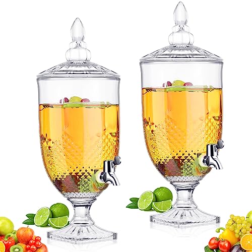 Bokon 2 Pieces Drink Dispensers for Parties Crystal Iced Beverage Dispenser with Stand and Spigot, Glass Liquid Containers...