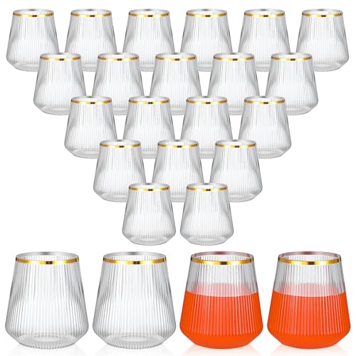 24 Pcs 12oz Clear Plastic Wine Cups with Gold Rim - Elegant Origami Ripple Design, Shatterproof for Whiskey, Cocktail, Cha...