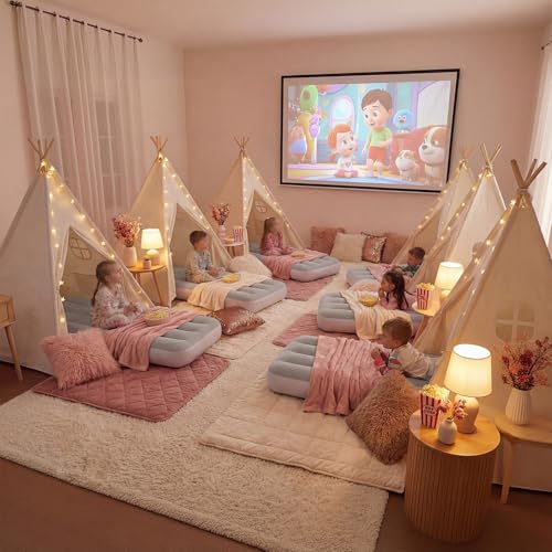 wilwolfer 6 Pack Kids Teepee Tent Bulk with Inflatable Airbed & Light, Natural Toddler Play Tent for Girls Boys Indoor Sle...
