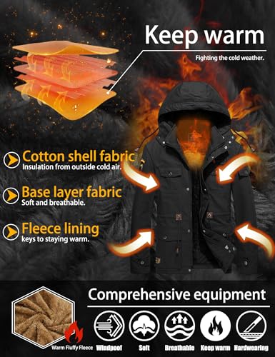 TACVASEN Men's Winter Jacket Cotton Military Jackets Fleece Lined Thick Work Warm Cargo Coats with Hooded
