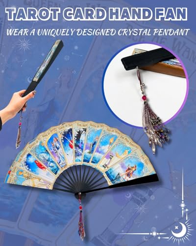 Juglok Oversized Folding Bamboo Tarot Hand Fan - Witchy Astrology Decor for Halloween, Rave Fan, Gypsy Costume, Fortune Te...
