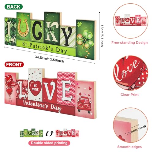 Valentine's Day & St. Patrick's Day Wooden Table Sign - LUCKY LOVE Reversible Tabletop Decor - Rustic Double-Sided Differe...
