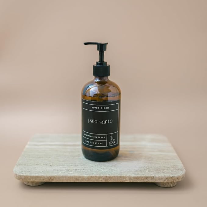 River Birch Palo Santo Scented Natural Hand Soap - Handmade Soap - Moisturizing Hand Wash with Amber Glass Dispenser - Luxury Scented Hydrating Hand Soap - Vegan and Non-Toxic - 16 Fl Oz