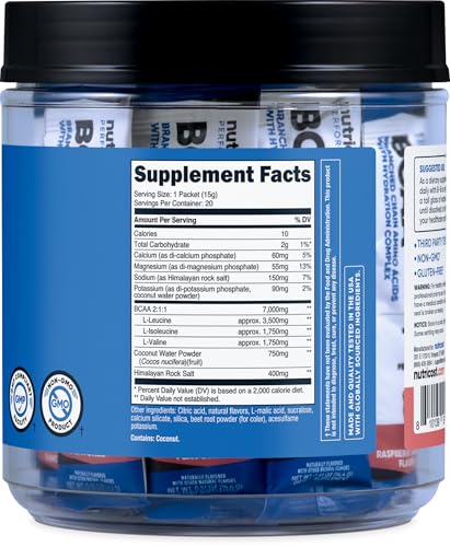 Nutricost BCAA+ Hydration Raspberry Lemonade (20 Stickpacks) - Branched Chain Amino Acids with Hydration Complex - Gluten-...