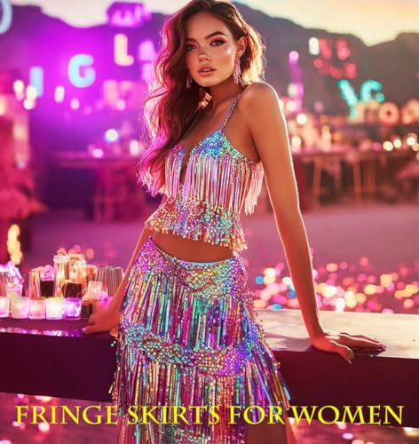 EARENT Belly Dancer Outfit Fringe Sequin Skirts Sets for Women