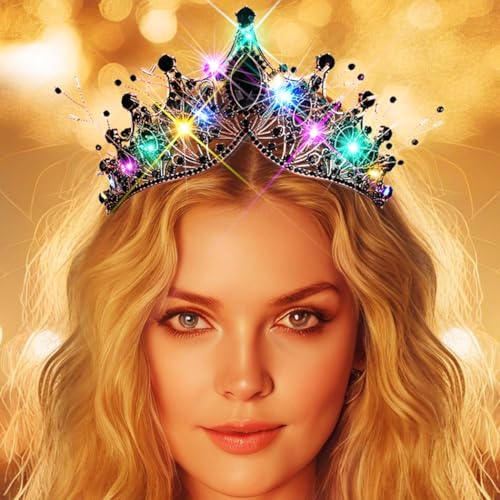 Kilshye Light Up Black Rhinestone Crown LED Gothic Tiara Headband Festival Costume Hair Accessoris for Women