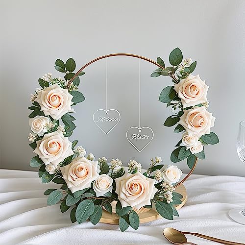 GUDELAK 12 Set 12 Inch Floral Hoop Centerpiece Table Decorations with 2 Heart Shaped Acrylic, Gold Wedding Centerpieces wi...