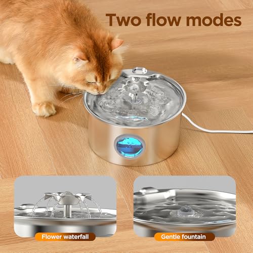 Stainless Steel Cat Water Fountain: 88oz/2.6L Ultra Quiet Pet Fountain with Flower Kitty Spout & LED Blue Light Water Disp...