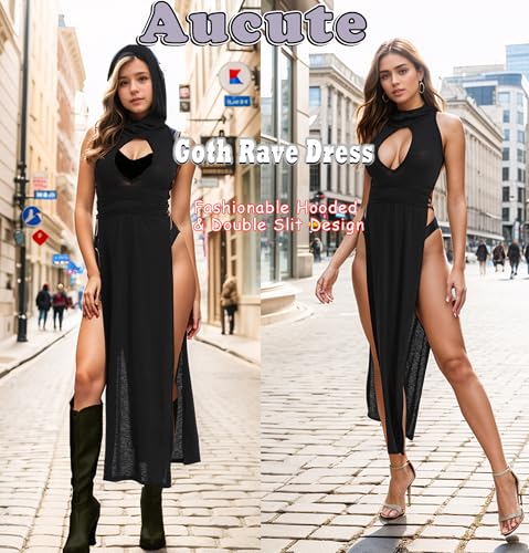 Aucute Sexy Goth Outfit for Women, Sheer Sleeveless Punk Streetwear Rave Festival Dress, Hollow Out Split Hooded Dresses
