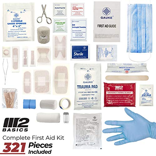 M2 BASICS Premium First Aid Kit, 321 Pieces, All Purpose Kit with Hard Case for Home, Car, Business, School, Office & Vehicle