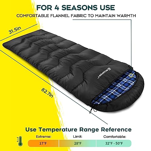Bessport Sleeping Bag Winter | Flannel Lined 18℉ - 32℉ Extreme 3-4 Season Warm & Cool Weather Adult Sleeping Bags Large | ...