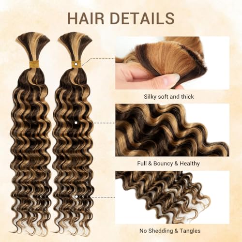 Human Braiding Hair for Boho Knotless Braids 2 Bundle 20 Inches 100g Deep Wave Bulk Human Hair for Braiding Hair Wet and Wavy 10A Brazilian Virgin Human Hair Balayage Brown to Blonde 4P27