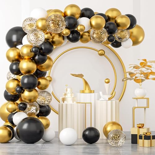 Archloon Black and Gold Balloons Arch Kit, 134pcs black and gold balloon garland kit with Black White Metallic Gold Confet...