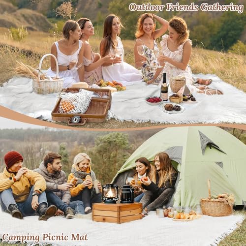 91 x 71 Extra Large White Outdoor Picnic Blanket, Woven Cotton Yarn Oversize Portable Blanket with Fringe for Camping, Law...