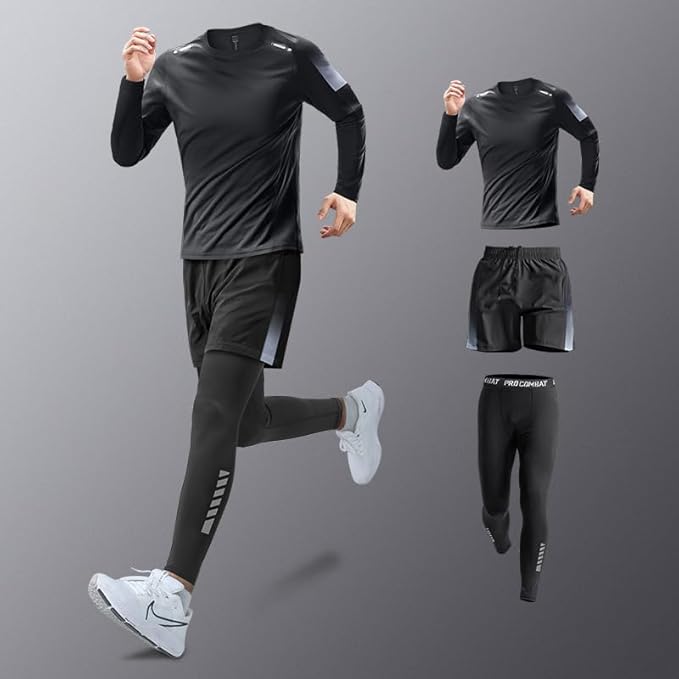 Men’s 3-Piece Activewear Set, Long-Sleeve Compression Top, Shorts & Tights for Running, Gym Workouts, Training Sessions