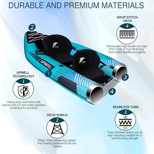 UPWELL 13'6”/11' Inflatable Recreational Kayak - 2 Person with Drop Stitch Floor and Accessories Including Kayak Seats wit...