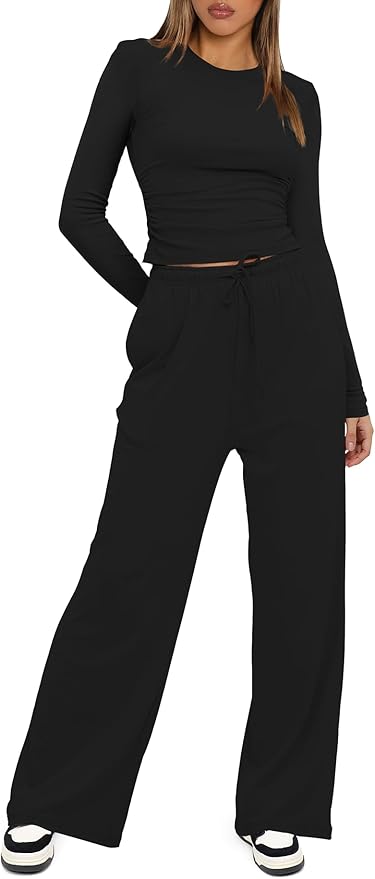 Darong Women's 2 Piece Outfits Lounge Sets 2026 Long Sleeve Tops Wide Leg Pants Casual Matching Set