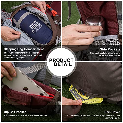 MOUNTAINTOP 70L Internal Frame Backpack Camping Backpacking Hiking Backpack for Men Women with Rain Cover