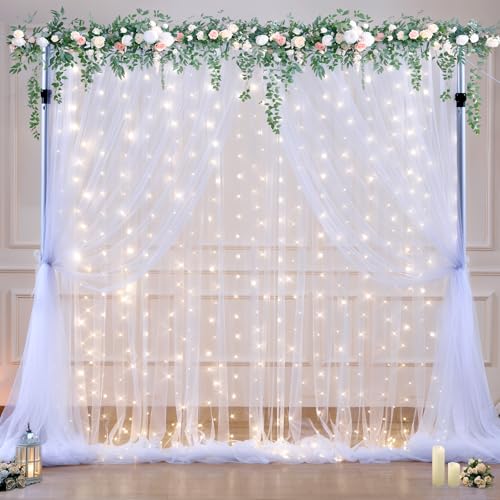 10ft x 10ft White Tulle Backdrop Curtain with Lights String for Parties Wedding Bridal Shower Sheer White Curtain Backdrop...
