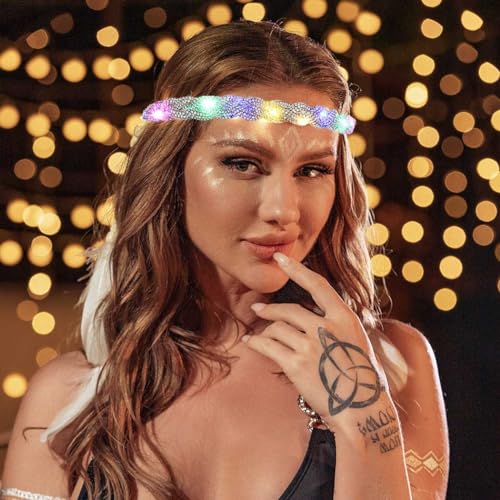 EARENT Light Up Rave Headband Silver Glow Rhinestone Hair Accessories for Women