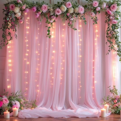 10x10ft Pink Tulle Backdrop Curtains with Lights String for Parties,Wrinkle Free Sheer Curtain with Lights Wedding Photo B...