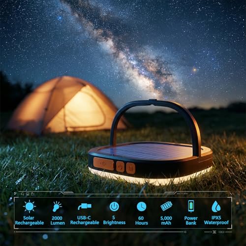 LED Camping Lantern, Solar Lanterns, 5000mAh Rechargeable Light 2000 Lumens 5 Light Modes, IP65 Waterproof with USB Chargi...