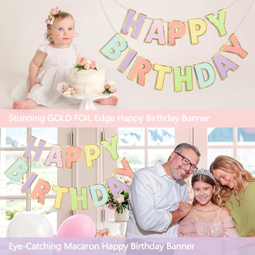LITAUS Happy Birthday Banner & Sign - 9ft Pre-Strung No Assembly | Pastel Birthday Decorations for Women, Girls, Boys, Adu...