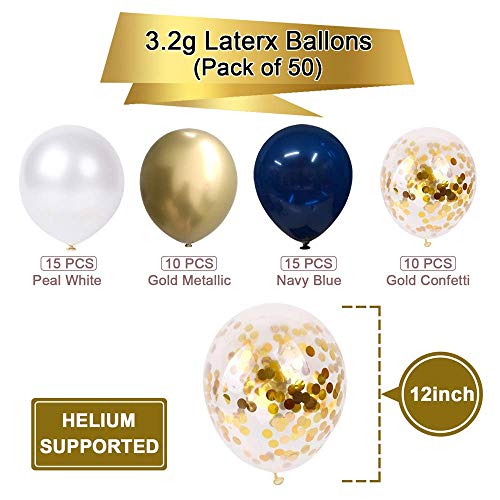 Navy Blue and Gold Confetti Balloons, 50 pcs 12 inch Pearl White and Gold Metallic Chrome Birthday Balloons for Celebratio...