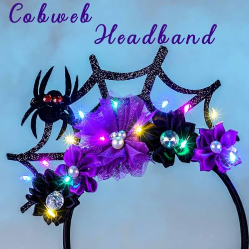 Uranian Light Up Halloween Headband LED Spider Web Headwear Spider Hairband Glowing Flower Party Hair Accessories for Women