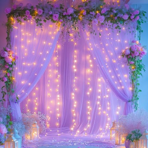 5x8ft (2 pieces) Lavender Tulle Backdrop Curtains with Lights for Party Wedding Baby Shower, Sheer Drape Backdrop Curtains...