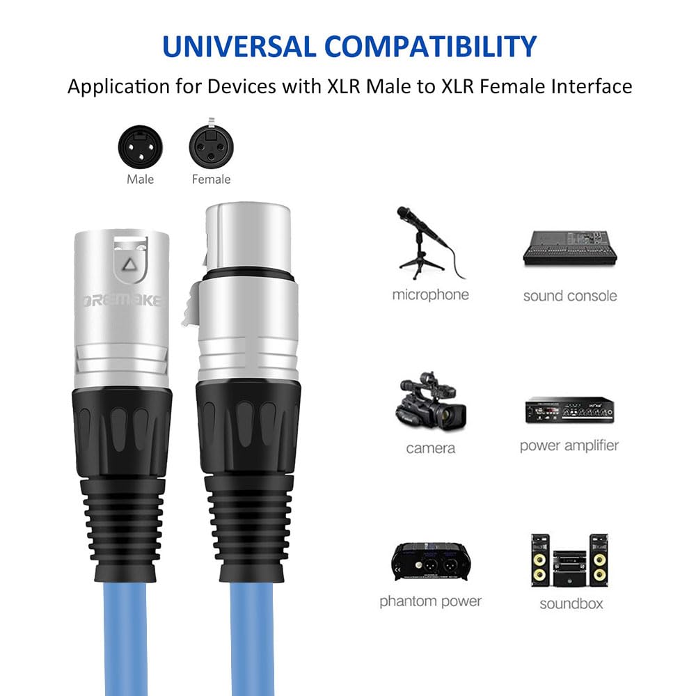 Dremake 3Pin Xlr Male To Xlr Female Microphone Cable Professional For Recording, Mixing, And Lighting Equipments - 40 Foot/Blue