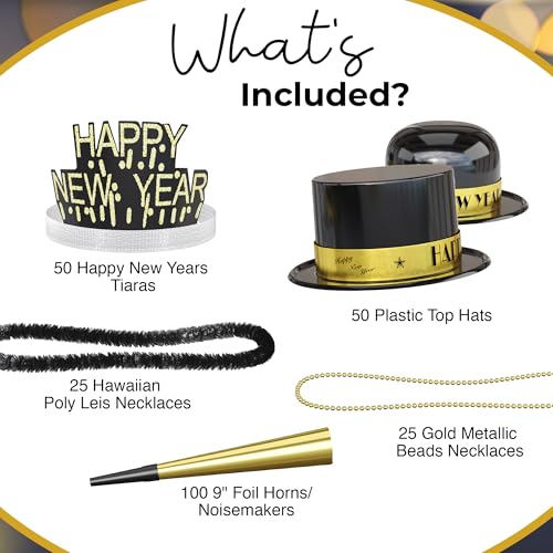 Crown Display New Years Eve Party Supplies 2026 I 250 Pcs I Black and Gold Top Hats Tiaras Bead Necklace Noise Makers I 20...