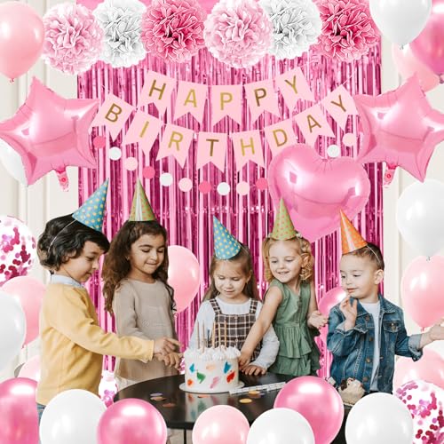 Iysoll Pink Birthday Party Decorations for Girls Women Happy Birthday Banner Light Pink and White Balloons party decor Pom...