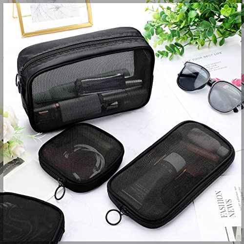 Weewooday 4 Pcs Mesh Makeup Bag Mesh Cosmetic Bag Travel Toiletry Pouch with Zipper Mini Makeup Cosmetic Purse for Daily Accessory(Small, Large, Medium,Black)