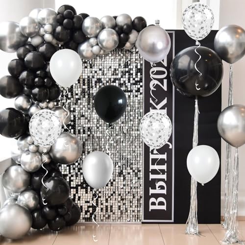 Black and Silver Balloons, 60 Packs 12 Inch Chrome Metallic Silver Balloons and Confetti Balloons, Black White Silver Ball...
