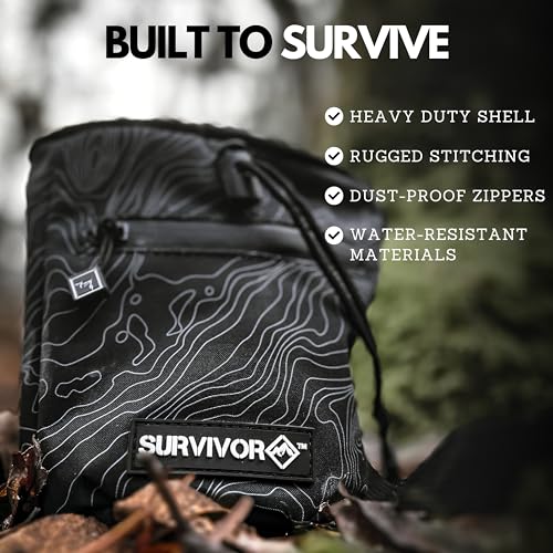 SURVIVOR Chalk Bag + Chalk Ball + Liquid Grip - Iconic Topographical Map, Draw String Closure, 2 Zippered Pockets, & Brush...
