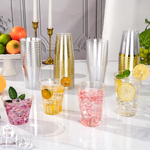 Goodluck 9 oz 100 PCS Gold Glitter Plastic Cups, Disposable Glitter Cups, Elegant Plastic Cocktail Glasses, Fancy Party Cu...
