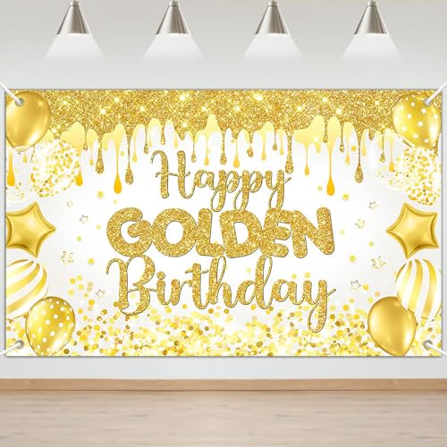 Mocsicka Happy Golden Birthday Backdrop Gold Shiny Glitter Balloons Golden Birthday Banner Party Decorations Photo Booth P...