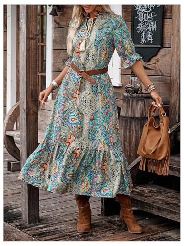 GORGLITTER Women's Paisley Print Boho Western Maxi Dress Ruffle 3/4 Sleeve Notch V Neck Vintage Ethnic Flowy Dresses