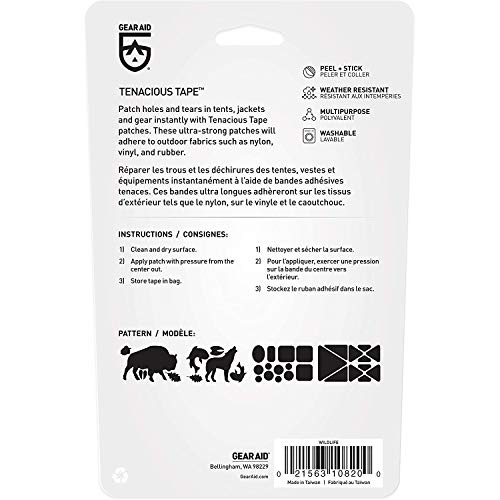 GEAR AID Tenacious Tape Gear Patches for Jacket Repair, Black Nylon, Wildlife, 3" x 20", 2 Pack